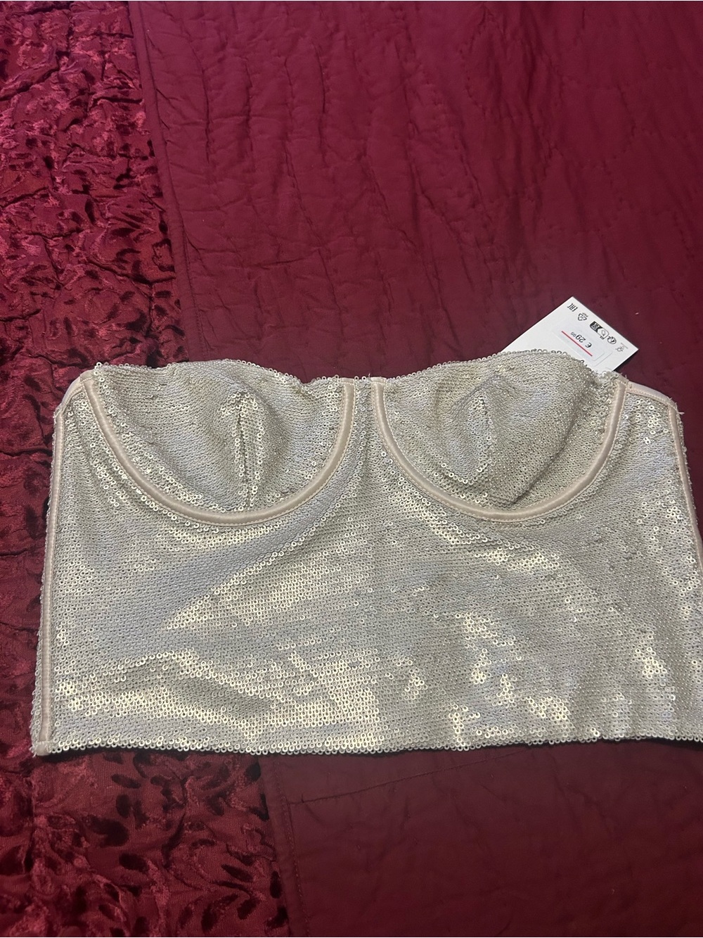 Women's Sequin Bustier Crop Top - Cream/Silver